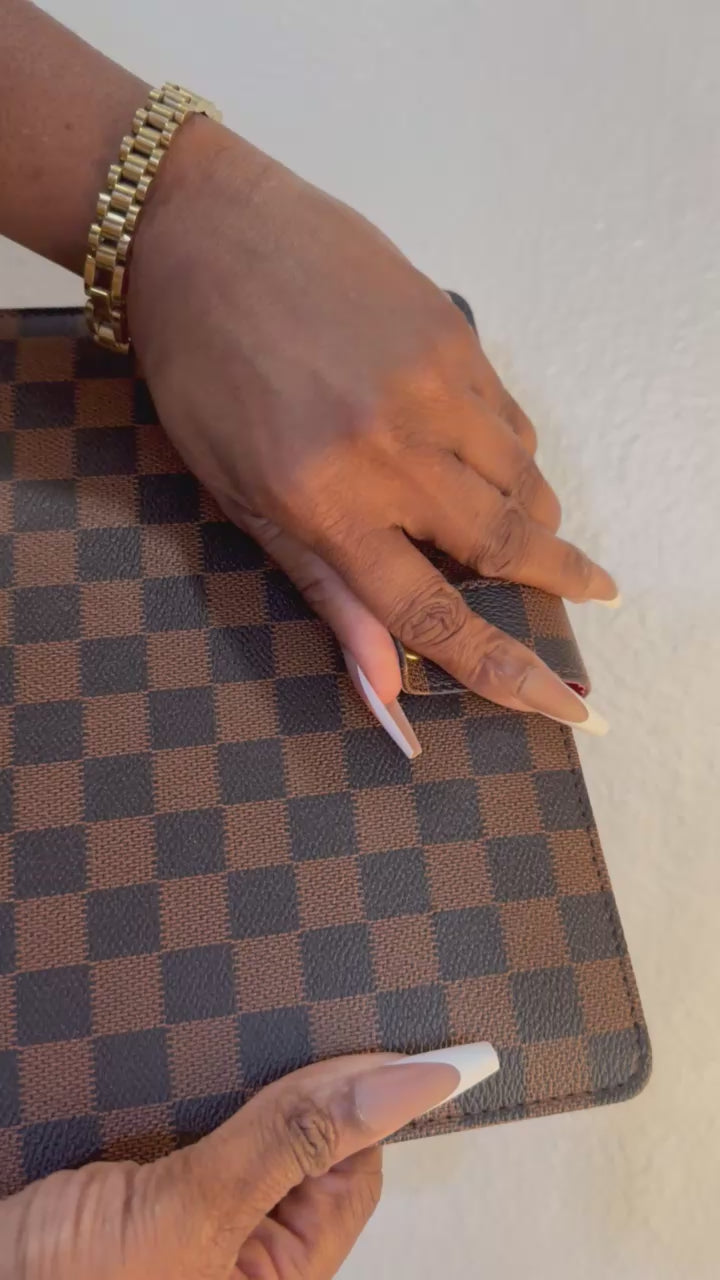 A5 Brown Checkered Luxury Planner Binder with Red Interior, 6‑Ring Agenda Organizer.
